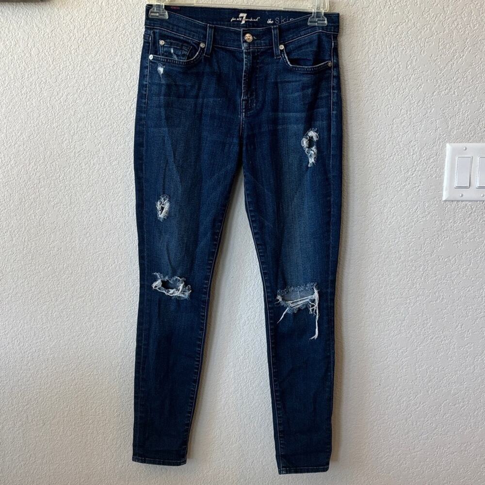 7 For All Mankind Cotton Blend The Skinny Distressed Denim Dark Wash Jeans Sz 29